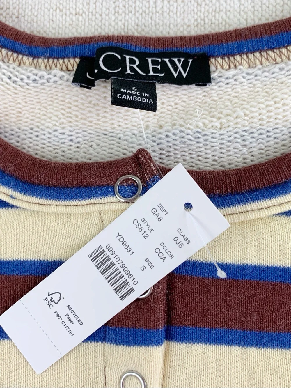 J Crew women's S Heritage terry cropped cardigan in stripe long sleeve crew neck